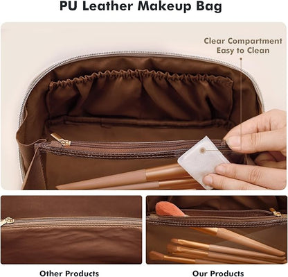 Prite Makeup Bag for Women Travel Waterproof Vegan Leather Cosmetic Bag Open Flat Toiletry Bag With Clear Divider and Handle (Plaid Brown)