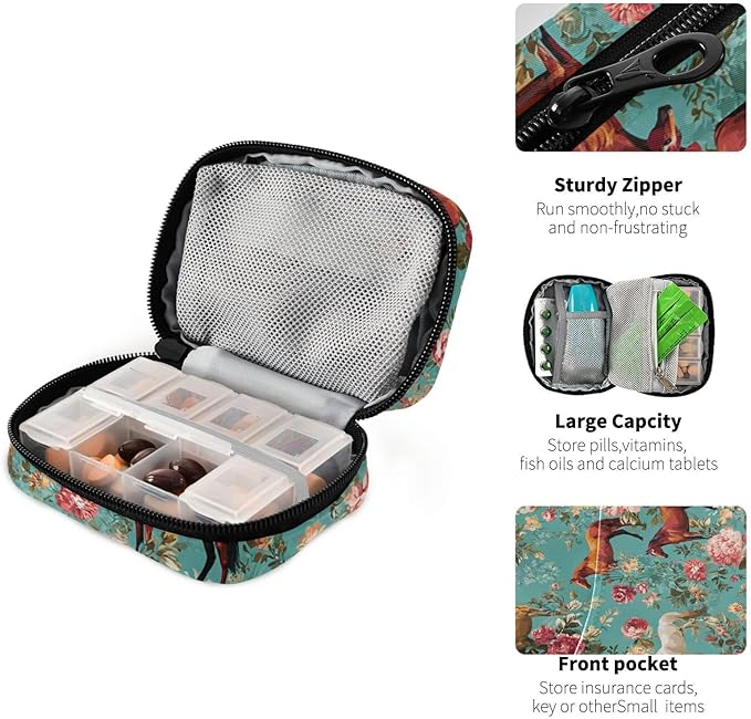 Teal Horses and Red Roses Travel Pill Organizer Case Box Container Weekly Portable Vitamin Medicine Holder Storage Bag with Zipper Removable