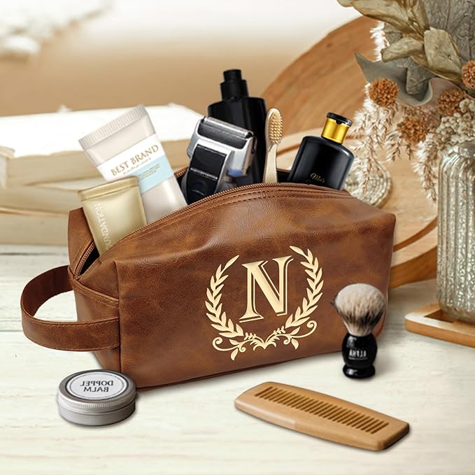 Leather Toiletry Bag Men Personalized Waterproof Shaving Bag, Travel Gift for Men Women with Initials A-Z (N)