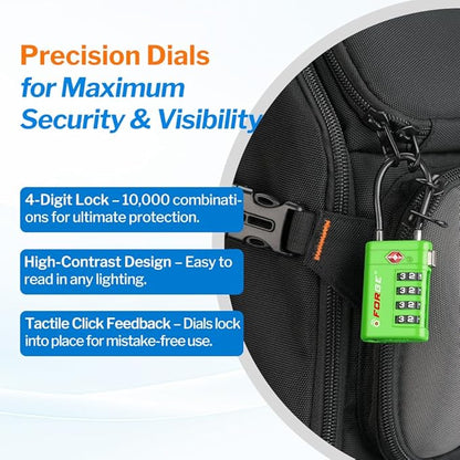 Forge TSA Approved Luggage Locks 4 Digit Combination TSA Travel Locks with TSA008, Open Alert Indicator, Zinc Alloy Body for Luggage, Suitcase, Backpack, and More. Green 2 Locks.