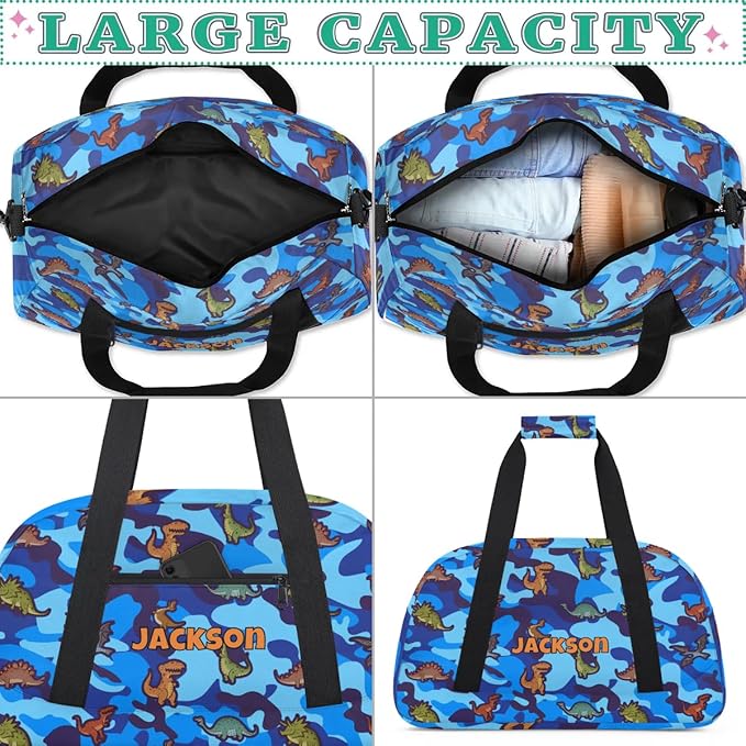Personalized Duffel Bag for Kids Girls Boys, Cartoon Dinosaurs Custom Name Gym Bag Overnight with Padded Handles Carry On Weekend Sports Travel Bag for School Practice Gymnastics Ballet