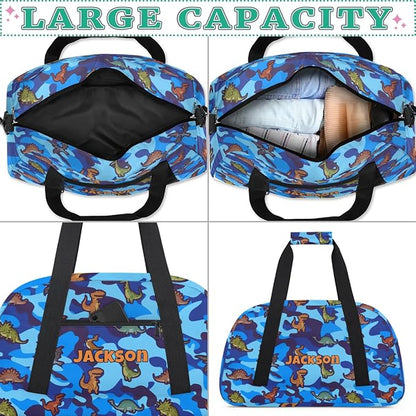 Personalized Duffel Bag for Kids Girls Boys, Cartoon Dinosaurs Custom Name Gym Bag Overnight with Padded Handles Carry On Weekend Sports Travel Bag for School Practice Gymnastics Ballet