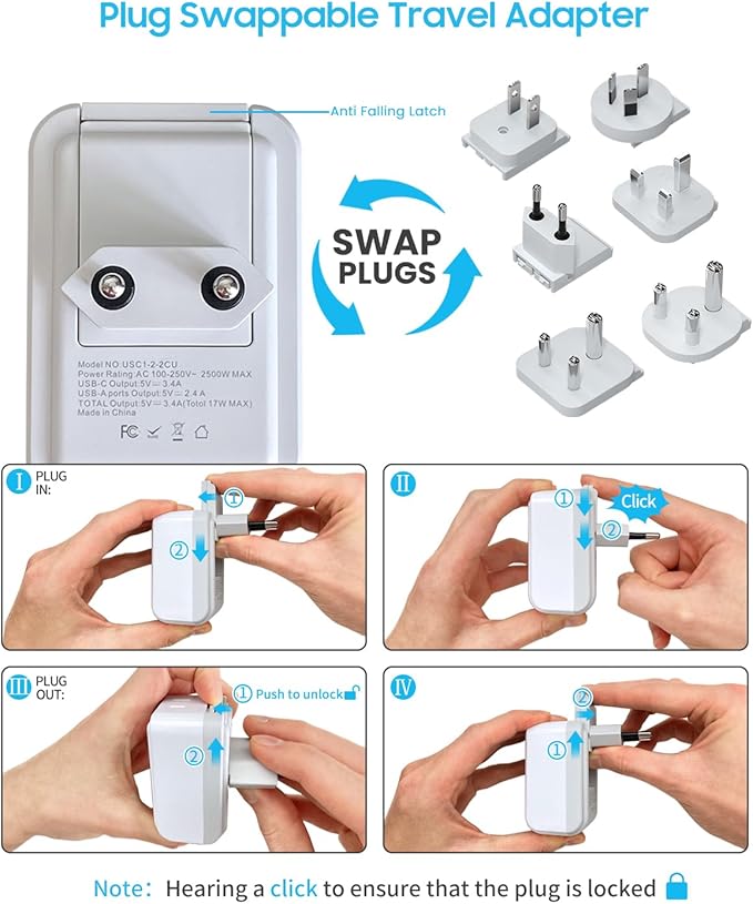 Universal Travel Adapter Kit, VINTAR International Plug Adapter with 3 USB Ports(2 USB C, 3.4A) and 2 American Outlets, Type A,C,G,D,I,M Detachable Attachments, Adapter for US/EU/UK/India/AUS/Africa