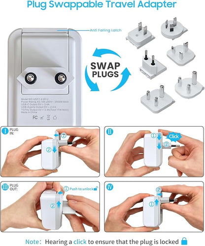 Universal Travel Adapter Kit, VINTAR International Plug Adapter with 3 USB Ports(2 USB C, 3.4A) and 2 American Outlets, Type A,C,G,D,I,M Detachable Attachments, Adapter for US/EU/UK/India/AUS/Africa