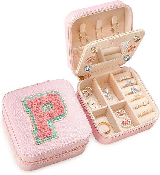 SANDJEST Personalized Jewelry Box, Pink Travel Jewelry Box with Initial P, Small Monogrammed Jewelry Case Organizer for Girls Women Teen Kids, Mini Travel Essentials Gifts for Birthday Christmas