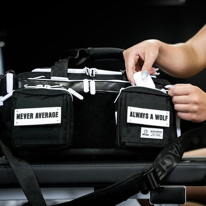 WOLFpak 20L Mini Duffle Bag for Gym & Travel | Waterproof Carry-On Weekender Bag with Shoe Compartment, Hard Bottom, and Tactical Molle System (Black with White Accents)