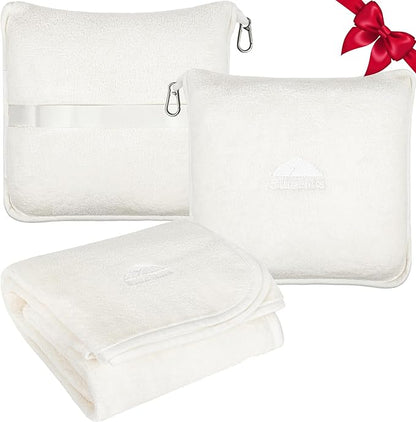 BlueHills Premium Soft Plush Travel Blanket Pillow for Airplane Traveling Essentials in a Bag Flight Throw with Backpack Clip Compact Portable Plane Accessories Ivory White - T025