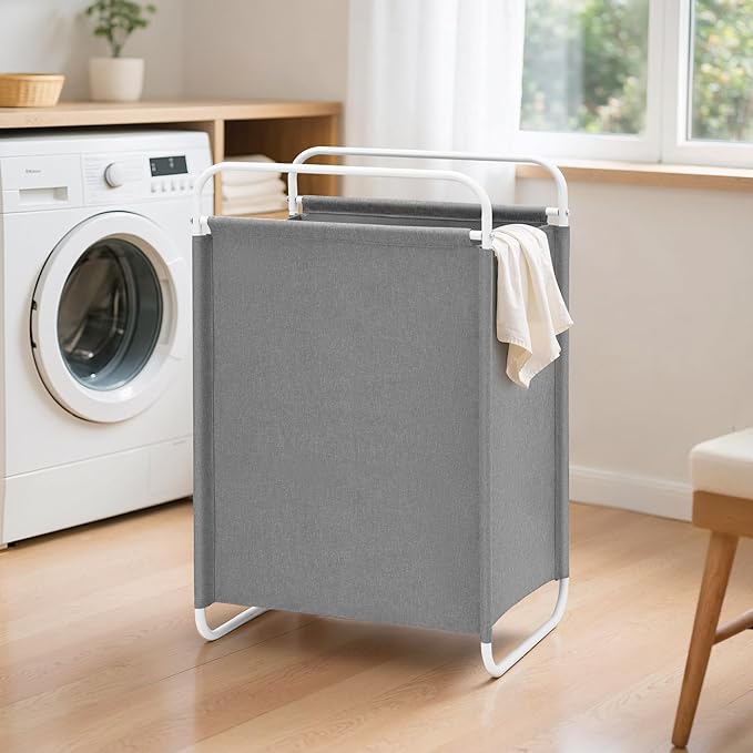 STO STO Laundry Hamper, 75L Laundry Basket with Coated Fabric Bag, Lightweight Portable Dirty Clothes Hamper, Laundry Bin with Metal Frame for Laundry Room, Bedroom, Closet and Dorm, Gray Fabric