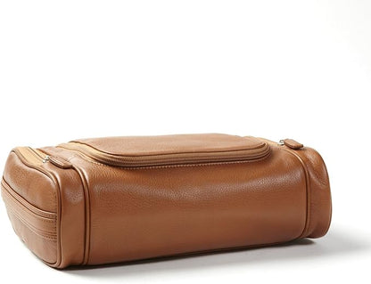 Leatherology Cognac Hanging Toiletry Kit - Double zip closure, 2 exterior side zipper pockets, water-resistant lining