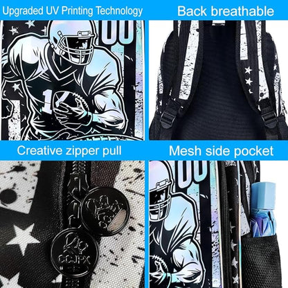 WZLVO 3PCS Rugby School Backpack, 17" Cool UV Printing Boys Football Bookbag/School Bag with Lunch Box & Pencil Bag for Elementary to Middle - Star-Spangled Rugby