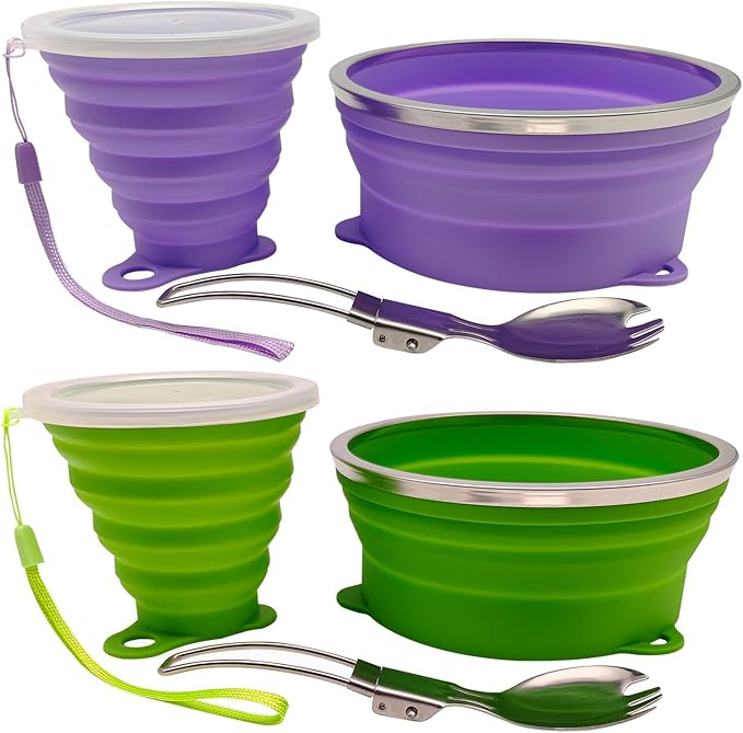 Mess Kit for Camping Silicone Collapsible Bowl Collapsible Cup and Stainless Steel Spoon for Backpacking Outdoor Hiking Traveling and Picnic - 2 Pack