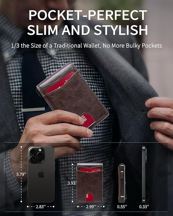 MNGARISTA Wallet for Men,Slim Minimalist Bifold Wallet with RFID Blocking,Pop-Up Credit Card Holder with ID Window & Money Clip,Magnetic Flip Metal Wallet for 11-13 Cards,Gifts for Men-Brown