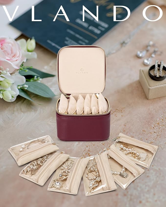 Vlando Travel Jewelry Case,Gifts for Women, Travel Jewelry Organizer with 6 Velvet Jewelry Pouch,Jewelry Box for Women Girls-Red