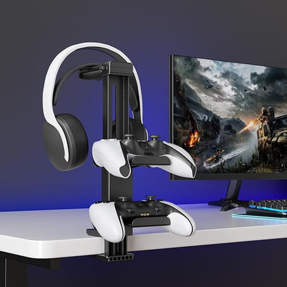 Controller Holder & Headphone Stand Under Desk with Adjustable Clamp, Controller Stand&Headset hanger for Desk Mount with 360° Rotating Hook & Cable Organizer, 3-in-1 Gaming Accessories Organizer