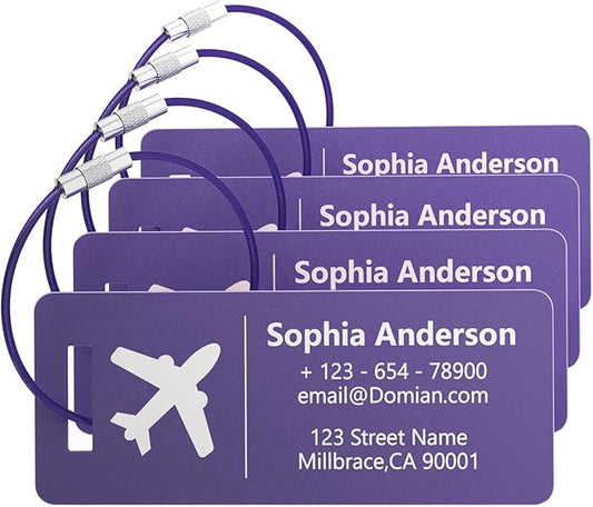 4 Personalized Metal Luggage Tags, Laser Engrave Name and Logo, Custom Aluminum Suitcase Tags with Steel Ring, for Travel, Backpack, Baggage (Purple)