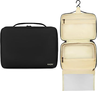KAZAY Hanging Toiletry Bag with TSA Approved Detachable Pouch, Travel Toiletry Bag, Water Resistant, Premium Nylon, Travel Size Toiletries Cosmetic Bag, Makeup Bag, Unisex (Black)