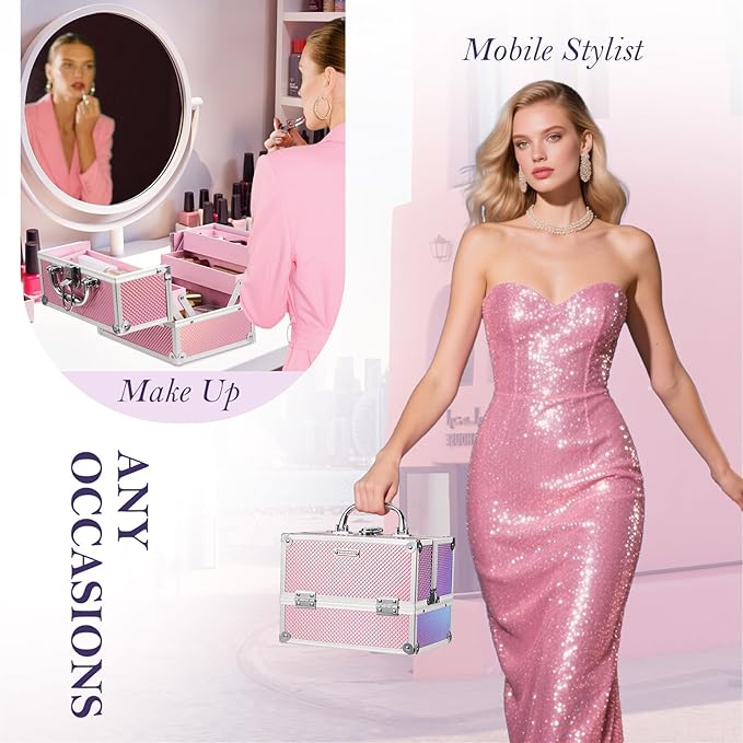 FRENESSA Makeup Train Case 8.85 Inch Portable Makeup Case Organizer Cosmetic Box Make Up Box Makeup Organizer Cosmetic Storage Cases with Locking Nail Kit Organizer Small Travel Case Mermaid Pink