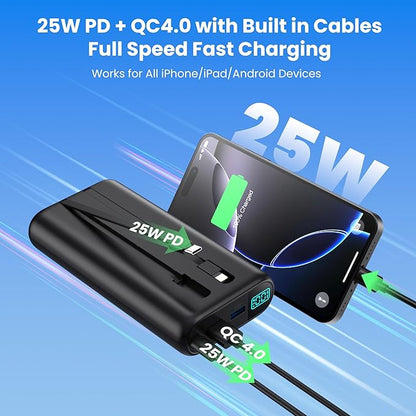 Portable Charger 40,800mAh Power Bank with Built-in Cables,5 USB Output Battery Pack Backup,25W PD USB C Phone Charging Travel Essential Outdoor for iPhone 17/16/15/14 Pro,Android Galaxy Pixel Nexus