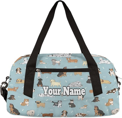 Custom Your Name Bones Dog Animal Pattern Personalized Text Gym Duffle Bag for Kids,Sports Bag for Teens Boys & Girls Small Waterproof Overnight Weekender Carry School Practice Travel Bag