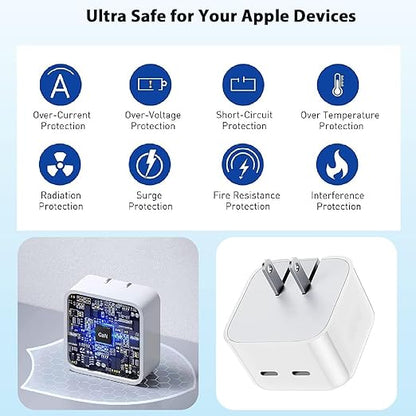 iPhone Charger Fast Charging, 40W Dual USB C Wall Charger Apple MFi Certified Dual USB-C Port Power Adapter with 2Pack 6FT USB-C to Lightning Cable for iPhone 14 Plus/13/12/11/XS/XR/X/iPad Wall Block