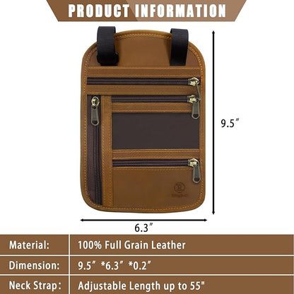 RiRingsun Genuine Leather Passport Holder For Travel, RFID Blocking Slim Neck Wallet with Adjustable Strap for Women Men, Travel Essentials to Keep Cash, Credit Cards and Documents Safe, Light Brown