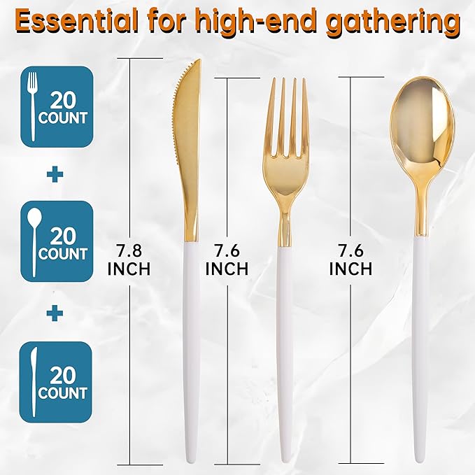 MirthMood 60 PCS Gold Plastic Silverware,Gold Silverware Disposable,Disposable Utensils Heavy Duty,Plastic Cutlery Set,Includes:20 Knives, Forks and Spoons for Party, Birthday,Wedding