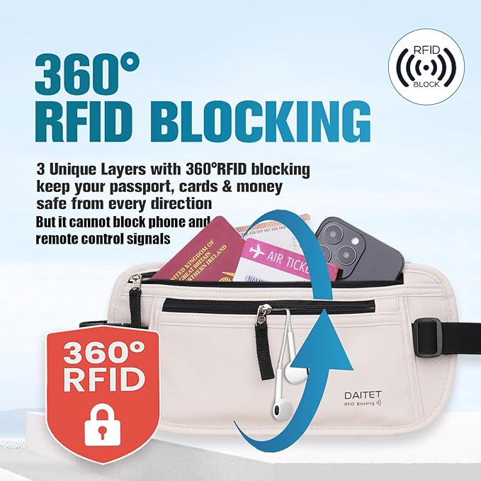 PU Leather Money Belt - Passport Holder Secure Hidden Travel Wallet with RFID Blocking, Undercover Fanny Pack(White)