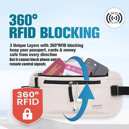 PU Leather Money Belt - Passport Holder Secure Hidden Travel Wallet with RFID Blocking, Undercover Fanny Pack(White)