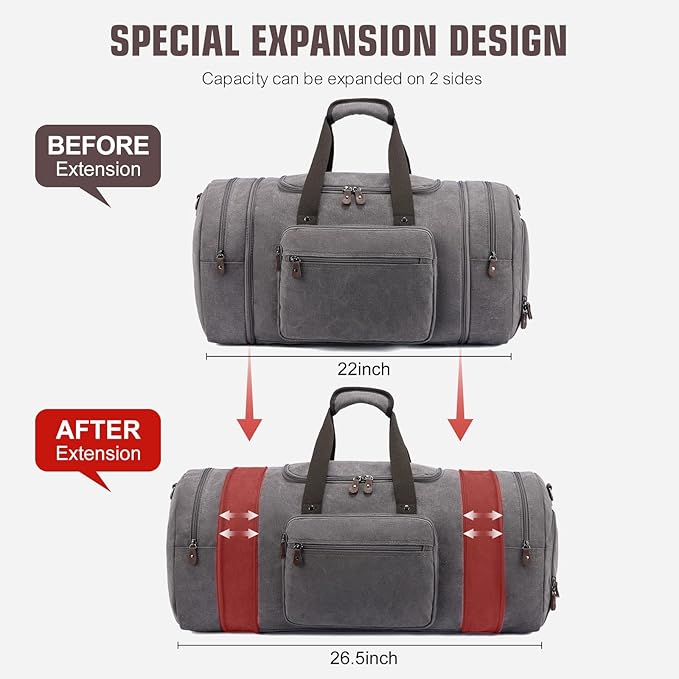 Sucipi Canvas Travel Duffel Bag for Men, Weekend Overnight Bag with Shoe Compartment and Toiletry Bag, Carry-On for Airplanes, Graphite Grey