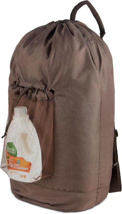 Large Laundry Backpack Bag with Detergent Holder and Adjustable Shoulder Straps, Clothes Laundry Backpack for College, Travel, Apartment, Laundromat, Dorm Room (Brown)