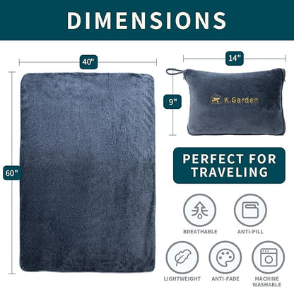 K.Garden Travel Cooling Blanket and Pillow- Soft 2 in 1 Airplane Compact Flight Essentials Car Pillow Travelers Gifts Accessories Compact Pack Blanket for Any Travel with Luggage Backpack Strap Grey