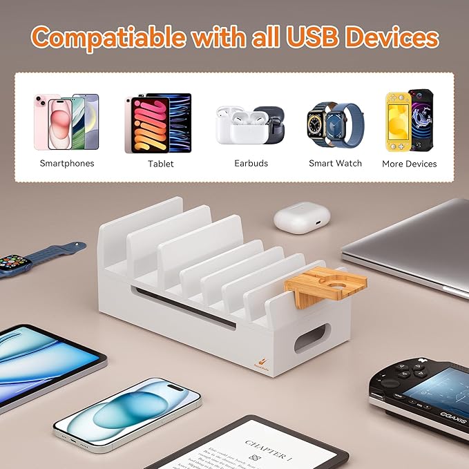 Pezin & Hulin Bamboo Charging Station with Watch Stand, Docking Holder for Multi Device with 5 Port USB Charger HUB, 5 Charge Cables, Desktop Electronic Organizer for Cellphone, Tablet, Watch-White