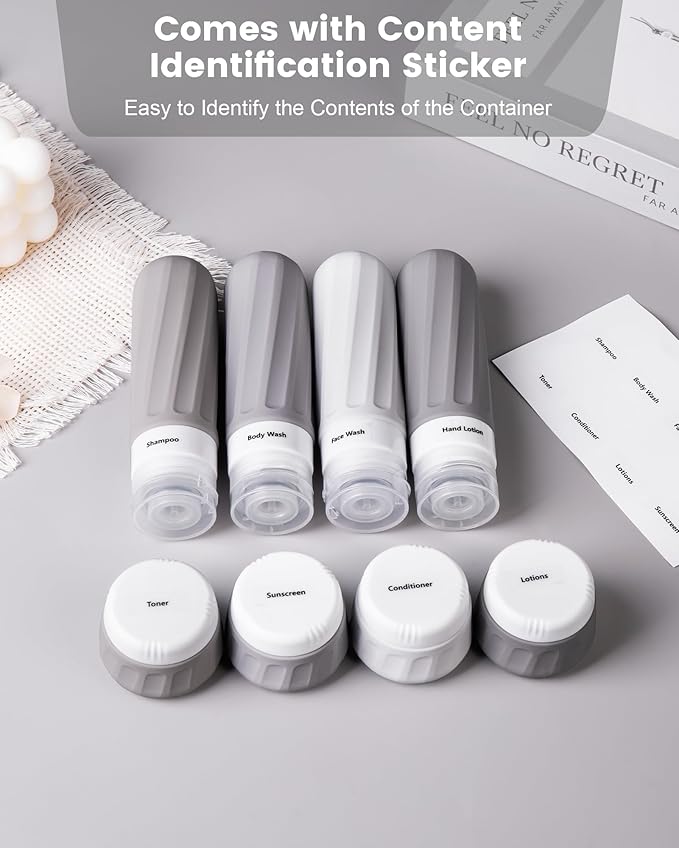 Travel Bottles for Toiletries 8 Pack, TSA Approved Travel Size Containers 3oz, Leak Proof Silicone Squeezable Creams Jars with Clear Travel Bag