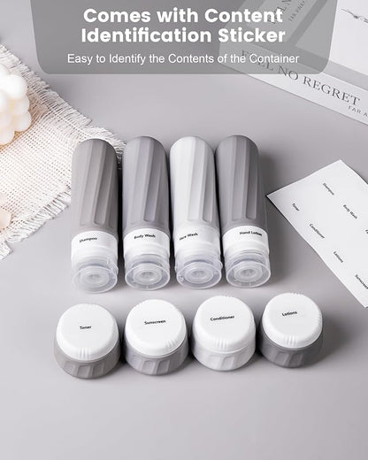 Travel Bottles for Toiletries 8 Pack, TSA Approved Travel Size Containers 3oz, Leak Proof Silicone Squeezable Creams Jars with Clear Travel Bag
