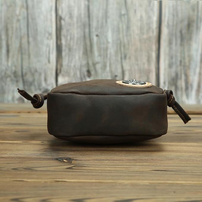 Retro Drawstring Genuine Leather Waist Bag for Men Motorcycle Sports Pack with Phone Pocket Adjustable Belt Gifts for Men (Dark Brown)