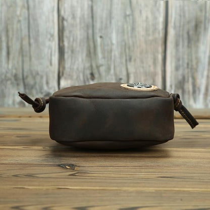 Retro Drawstring Genuine Leather Waist Bag for Men Motorcycle Sports Pack with Phone Pocket Adjustable Belt Gifts for Men (Dark Brown)