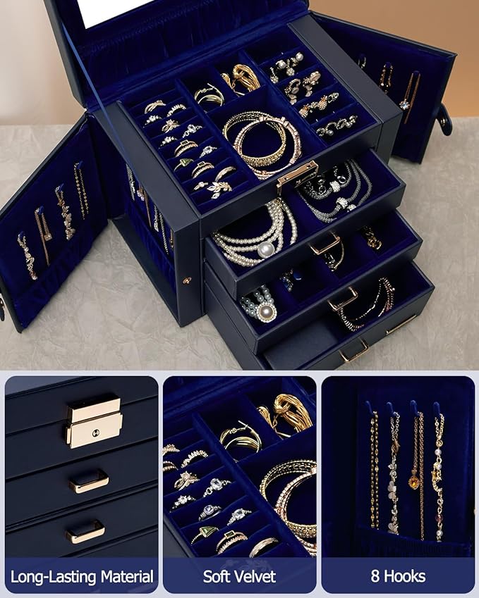 Homde 2 IN 1 Jewelry Box for Women Girls with Small Travel Case Mirror Necklace Ring Earrings Organizer - Christmas Gifts (Dark Blue + Gold)