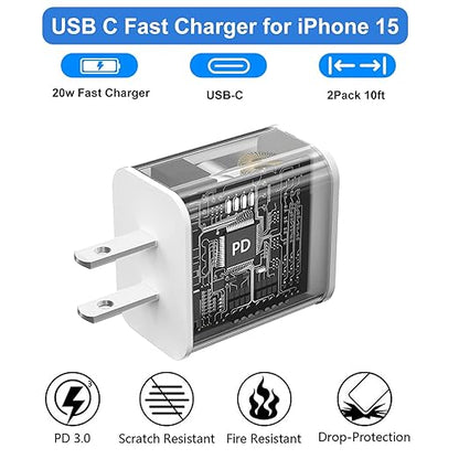 iPhone 15 Charger Fast Charging, 20W USB C Charger Block Plug Brick 10FT USB C to USBC Cable Cord Compatible with iPhone 15/15 Pro/15 Pro Max/15 Plus, iPad Pro 12.9/13/11inch,iPad Mini 6,iPad Air 4/5