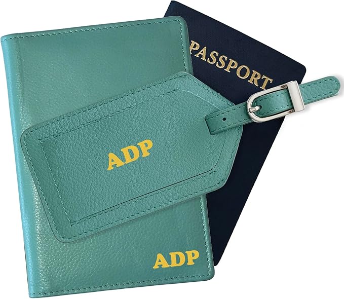 Personalized Monogrammed Turquoise Leather RFID Passport Wallet and Luggage Tag