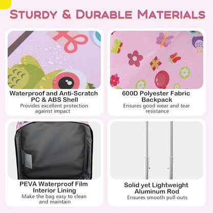 BABY JOY Kids Luggage, 5 Pieces Luggage Set w/ 16" Carry-on Hardshell Spinner Toddler Suitcase, 13" Backpack, Neck Pillow & Insulated Lunch Bag, Travel Kids Rolling Suitcase for Girls Boys (Pink Owl)
