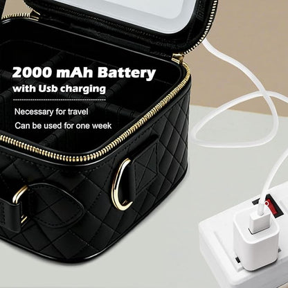 Travel Makeup Bag with Light Up Mirror, Portable Makeup Bag with Led Light Women Waterproof Makeup Travel Case adjustable dividers Rechargeable Vanity Mirror with 3 Color Lights