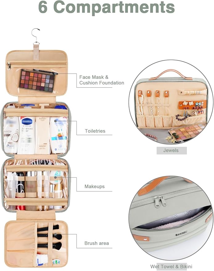 Women's Hanging Toiletry Bag, Waterproof Travel Cosmetic Organizer with Jewelry Storage, Large Capacity Makeup Case for Full-Size Skincare & Bathroom Essentials, Portable Cosmetic kit, Grey