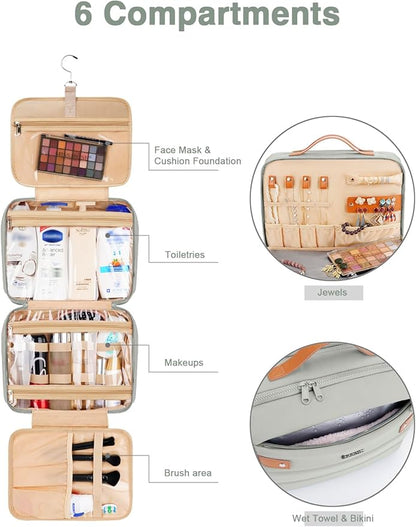 Women's Hanging Toiletry Bag, Waterproof Travel Cosmetic Organizer with Jewelry Storage, Large Capacity Makeup Case for Full-Size Skincare & Bathroom Essentials, Portable Cosmetic kit, Grey