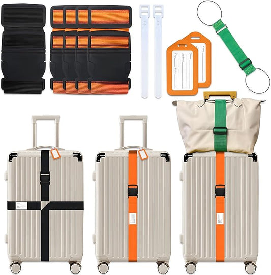 8 pcs Luggage Straps, CNYMANY 2-in-1 Travel Belt Add a Bag Luggage Strap, Adjustable Luggage Straps for suitcases Over Handle for Carry On Bag Airport Travel Accessories - Orange, Green, Black