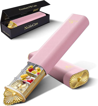 Premium Weekly Pill Organizer, 7-Day Compact Pill Case for Purse, Lightweight Gold Aluminum Pill Box for Vitamins, Medicine, Supplements, Luxury Wellness Gift