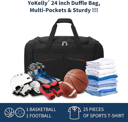 24 inch Large Gym Bag for Men - 65L Hard Bottom Duffle Bag with Shoes Compartment for Sport/Travel - Black