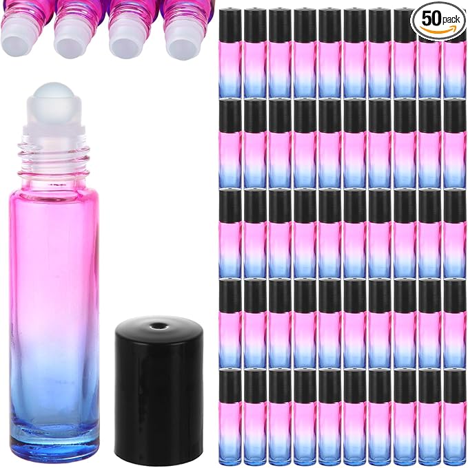 Acrux7 50 PCS 10ml Roller Bottles for Essential Oils, Gradient Color Glass Roll on Bottle Refillable Empty Perfume Roller Bottles with Stainless Steel Ball for Travel, Essential Oils, Perfume