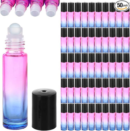 Acrux7 50 PCS 10ml Roller Bottles for Essential Oils, Gradient Color Glass Roll on Bottle Refillable Empty Perfume Roller Bottles with Stainless Steel Ball for Travel, Essential Oils, Perfume