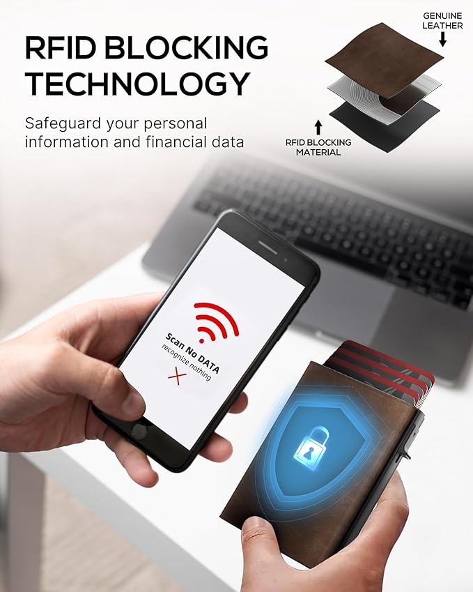 Mens Wallet Card Holder - Smart Wallet for Men, Pop Up Card Case, Top Grain Leather, RFID Blocking, Slim, Minimalist, Ultra-Thin, Front Pocket, 12 Card Capacity | ID Window | Cash Slot (Brown)