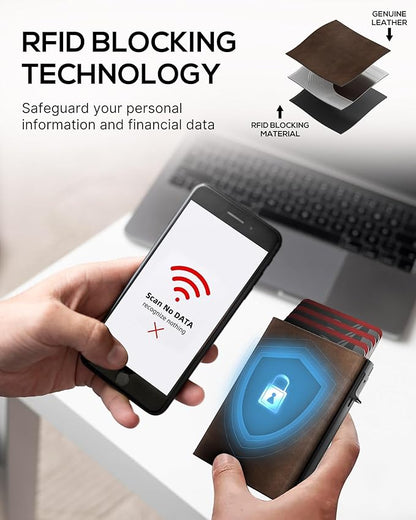 Mens Wallet Card Holder - Smart Wallet for Men, Pop Up Card Case, Top Grain Leather, RFID Blocking, Slim, Minimalist, Ultra-Thin, Front Pocket, 12 Card Capacity | ID Window | Cash Slot (Brown)